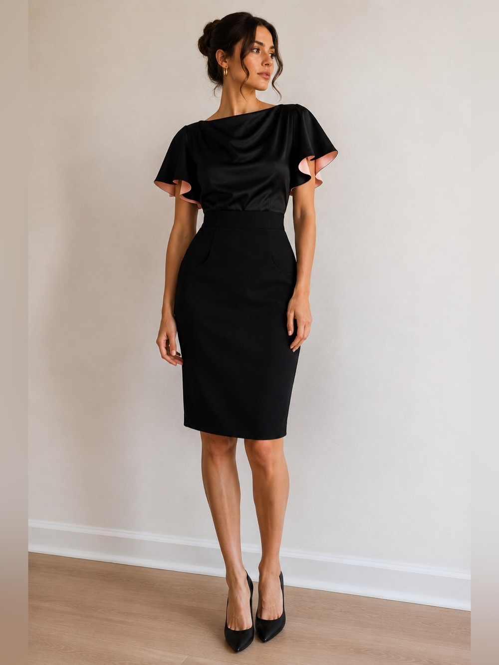 Anya Ponorovskaya Black Wool Dress Size 6 Pink Satin Flutter Sleeve Made USA